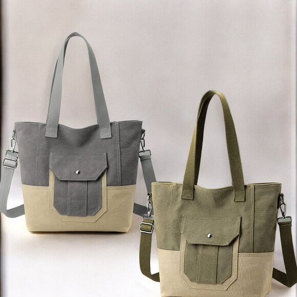 Canvas Tote Bag for Women Small Handbag with Zipper Shoulder - Black - Picture 8 of 9